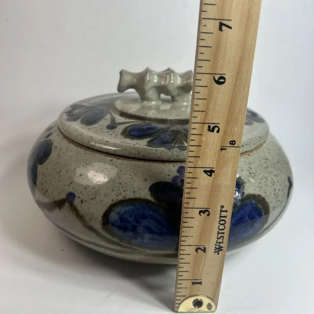 Vintage Studio Art Pottery Stoneware w Lid Blue Purple Speckled Brown Signed 9”